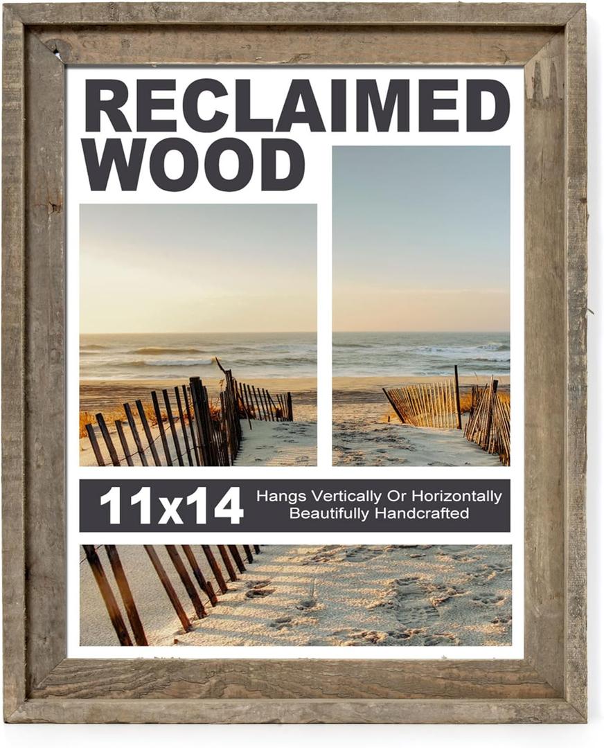 Rustic 11x14 Picture Frame, Reclaimed Barnwood Photo Frame with HD Tempered Glass, Distressed Family Art Gallery Corner, Horizontal and Vertical Wall Mounting Display with Hardware, Set of 1