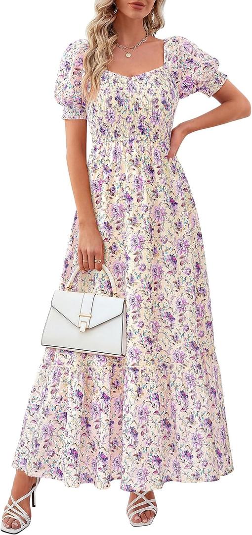 PRETTYGARDEN Women's Floral Boho Maxi Dresses Flowy Short Sleeve A Line Smocked Eyelet 2026 Summer Beach Vacation Clothes Large