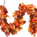 SHareconn 6ft Fall Garland with Lights, Autumn Leaves Garland with Realistic Pumpkins, Thanksgiving Christmas Decorations for Mantle Home Wedding Table Porch Indoor Outdoor, Orange, 6 FT
