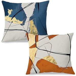 SPBL&L Orange Navy Blue and Gold Pillow Covers 18x18, Modern Abstract Accent Decorative Throw Pillow Covers for Bedroom Living Room, Mid Century Modern Decor, Set of 2