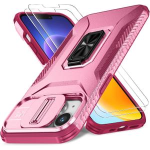 Case for iPhone 13/iPhone 14 6.1-Inch Slide Camera Cover+Screen Protector(2 Packs), Military Grade Shockproof Protective Cover, Rotated Ring Kickstand with Camera Protection (Pink+Red)