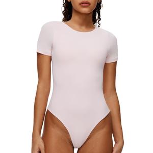 NANJI Short Sleeve Bodysuit for Women - Crew Neck Slim Fit Thong Body Suit, Stretch Double Lined Snap Tops, Casual Going Out (Pink, L)