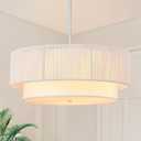 18'' Farmhouse Rattan Chandeliers for Dining Room,3-Light Boho Light Fixtures Rattan Pendant Light Fixture with Fabric Shade Drum Chandeliers for Bedroom Dining Room Foyer Kitchen HallwayWhite