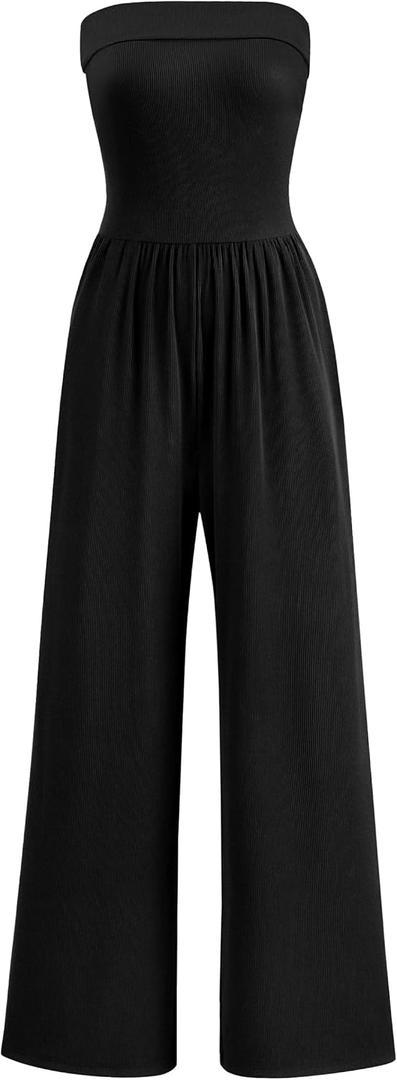 PRETTYGARDEN One Piece Strapless Jumpsuits for Women Dressy Casual Wide Leg Tube Rompers Jumper Beach Vacation Summer Outfits (Black, XS)