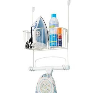 mDesign Steel Metal Over Door Ironing Board Holder with Large Storage Basket for Laundry, Utility, Mudroom, Garage - Holds Iron, Board, Spray Bottles, Starch, Detergent, Fabric Refresher - White