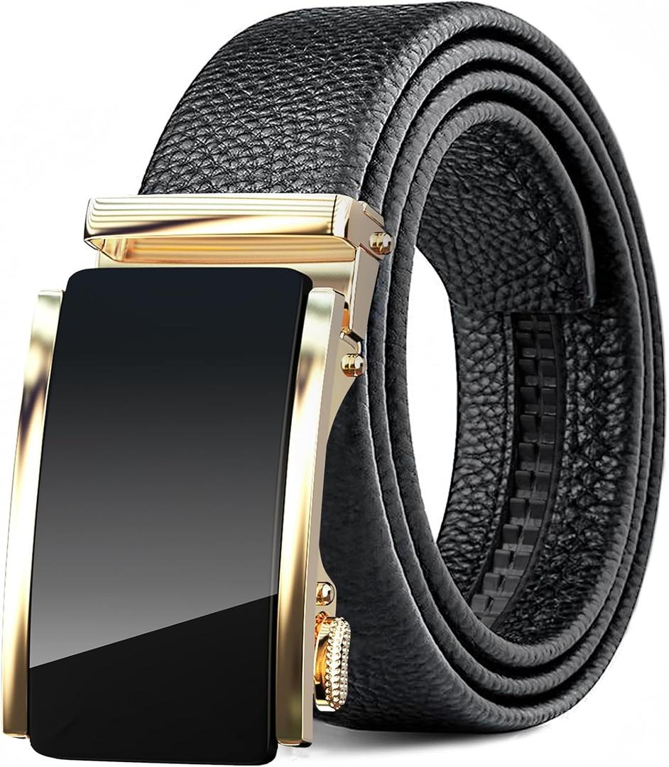 Men's Belt,Leather Ratchet Dress Belts with Sliding Adjustable Belts Dress Casual Jeans Comfort Trim to Fit (Zd056-b Gold)