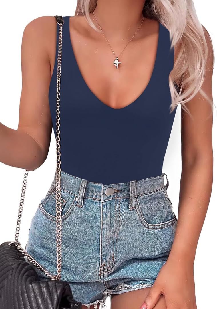 SAUNGKUAI Womens Bodysuit Sexy Plunge Deep V Neck Backless Sleeveless Tank Thong Body Suits Outfits for Going Out (Large),  A-navy Blue