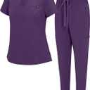 Natural Uniforms Womens Cool Stretch Modern Tuck-In Top Yoga Jogger Scrub Set with Regular and Petite Sizes (XX-Large, Eggplant)