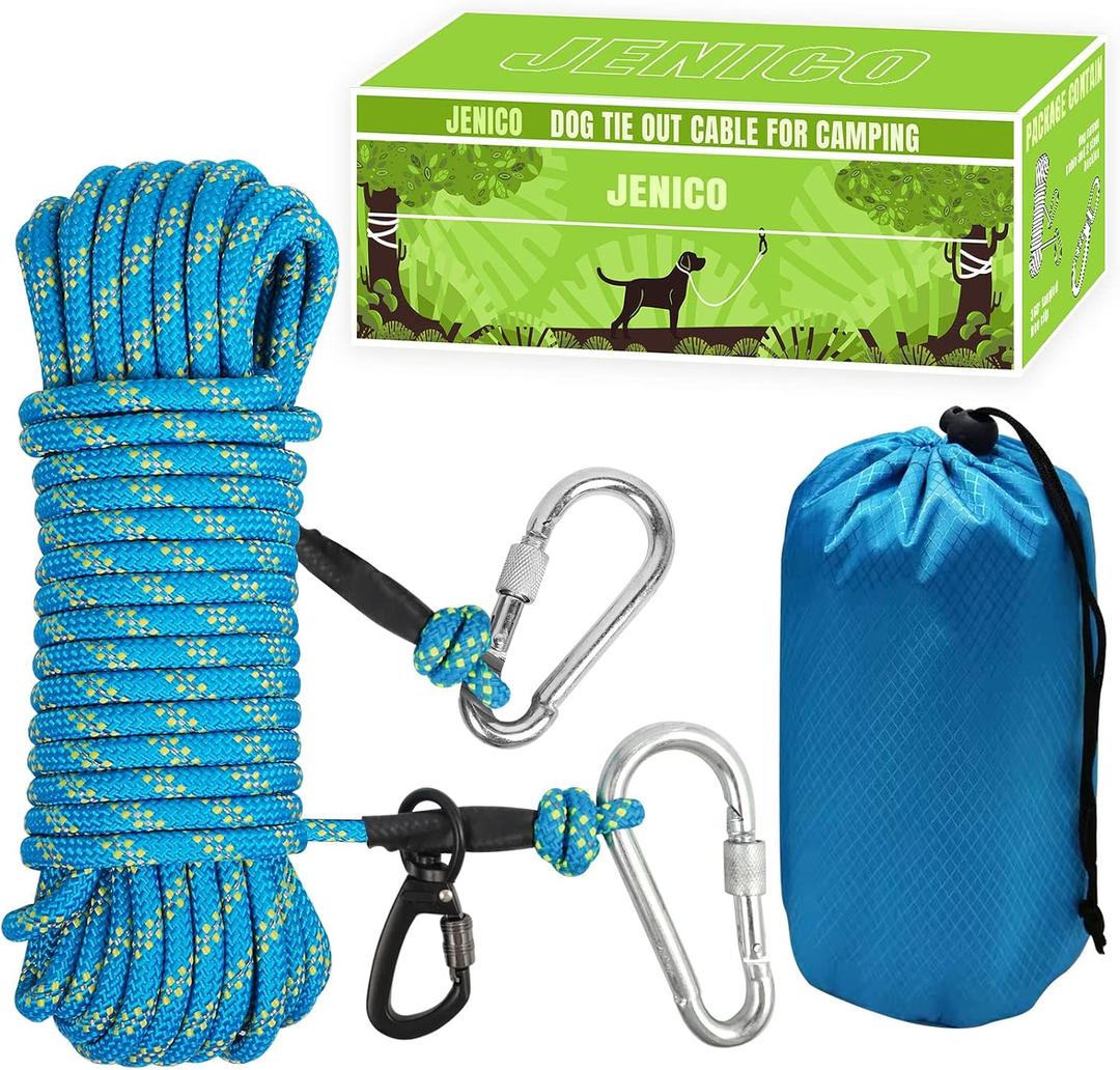 Dog Tie Out Cable for Camping - 50ft Portable Reflective Overhead Trolley System for Dogs up to 300lbs - Dog Lead for Yard Camping | Parks | Outdoor Events Blue