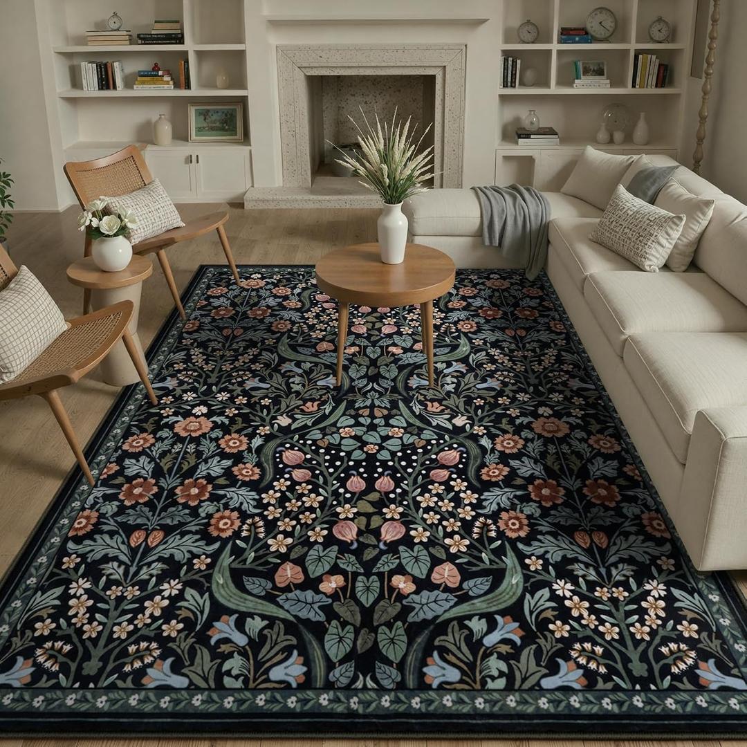 Lahome Claude Floral 8x10 Black Rugs for Living Room, Soft Washable Large Area Rug for Bedroom Dining Room, Botanical Lightweight Stain-Resistant Boho Carpet for Guestroom Indoor