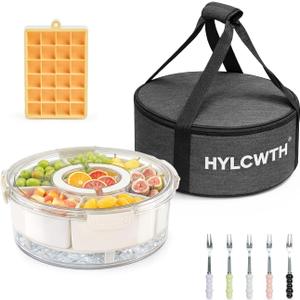 Divided Serving Tray with Lid and Handle, Rounded Snackle Box with 6 Compartments and Chill Base for Fruits, Candy, Veggie, Travel Snack Container with Portable Insulated Bag & Ice Cube Tray & 5 Forks