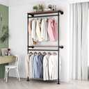 DR.IRON Industrial Pipe Clothing Racks with 2 Tier Shelves, Wall Mounted Black Clothes Rack with Double Hanging Rods Heavy Duty Garment Storage Rack Display Racks Rod for Clothes,Laundry Room