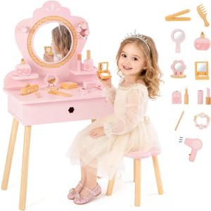 Frogprin 13Pcs Toddler Vanity Set with Mirror, Kids Vanity Table Chair Set