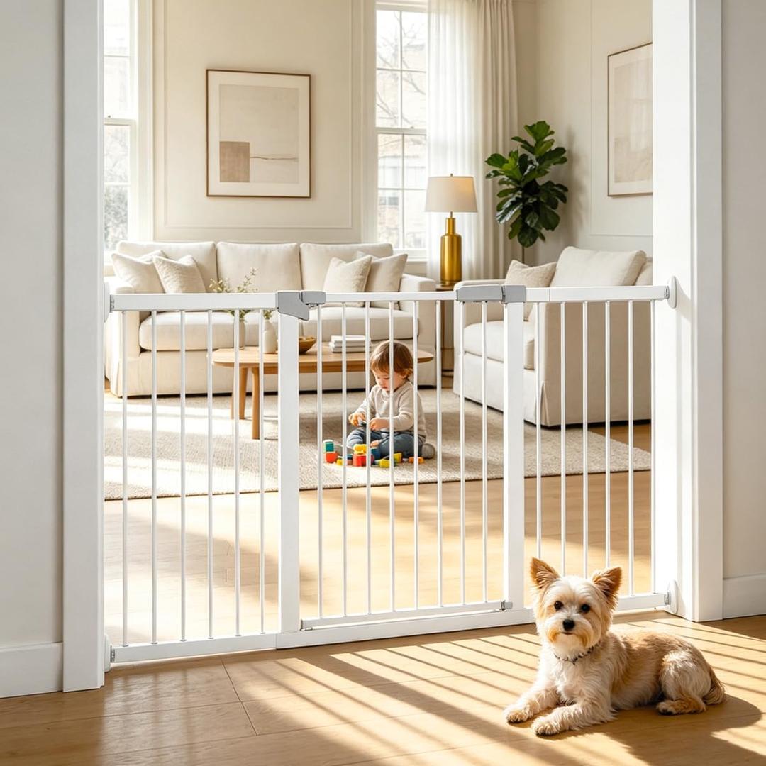 60.2"-65.7" Extra Wide Baby Gate for Doorways Hallways, 30 in Tall Dog Gates with Door No Drill, Auto Close Child Safety Gate for Pet Kid Doggie Cat Proof, Large Long Dog Barrier Indoor House, White