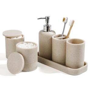 Bathroom Accessories Set, 6-Piece Bathroom Accessory Set, Toothbrush Holders Set, Soap Dispenser, Vanity Tray, Tumbler, Cotton Swab Jars, Bathroom Organizer for Modern Bathrooms(Beige)