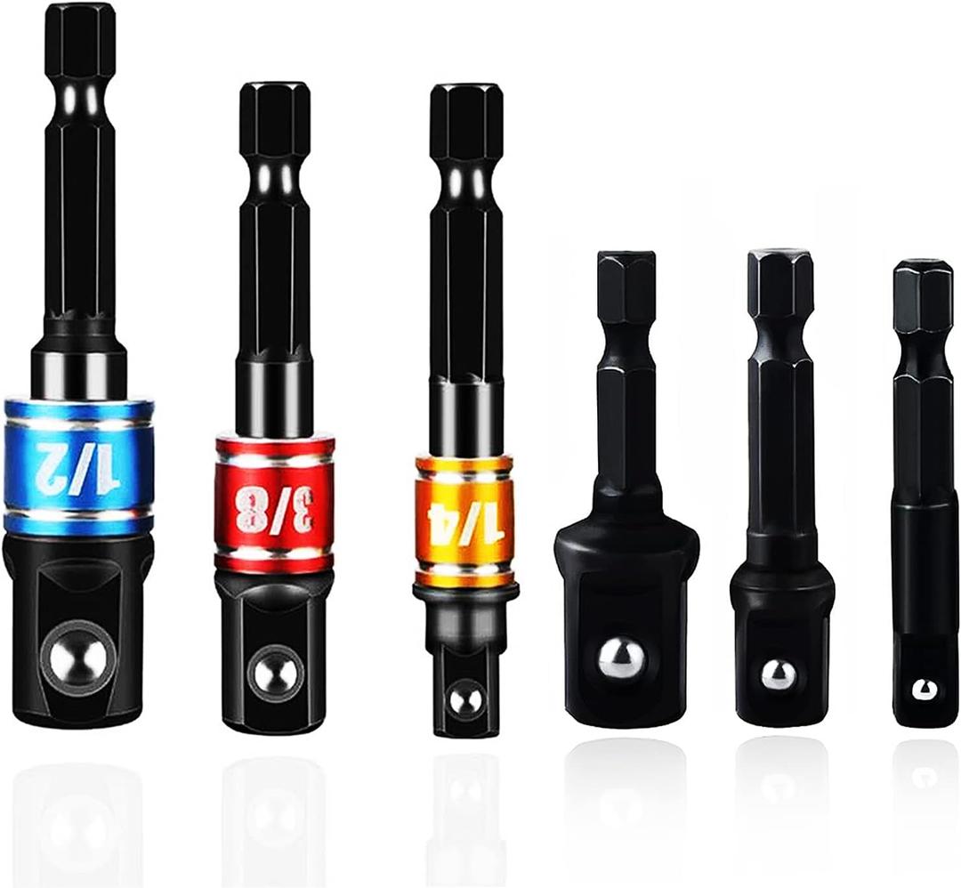 Impact Grade Power Drill Socket Adapter Sets 6 PCS, 50mm-73mm Long Impact Socket To Drill Adapter Set 1/4 3/8 1/2 Hex Shank Impact Driver Bit Set Socket Holder, Black Drill Bit Attachments -BCS6