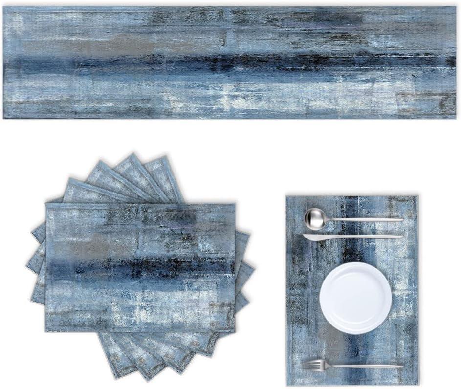 Cotton Linen Table Runner and Placemats Set of 6,Blue and Grey Abstract Paint Art Home Table Decor for Dining Farmhouse Wedding Party Holiday Dinner,13X70 Inches