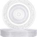 10 Pcs 13.8 Inch Acrylic Crystal Dinner Plates, Clear Round Plastic Serving Platter Trays Vintage Dragon and Phoenix Embossed Dinnerware for Serving Food Salad Pasta Fruit Home Party Wedding