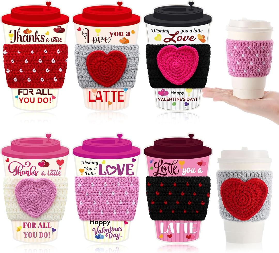 Zhehao 6 Set Valentine's Day Teacher Gift Crochet Coffee Cup Sleeve with Thanks A Latte Coffee Card Galentine's Day Thank You Gift for Teacher Employee Coworker Friend Staff Valentines Party Favors