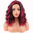 BERON Women Black Highlights Hot Pink Short Curly Wavy Wig for Girls Two Tone Shoulder Length Body Wave Synthetic Halloween Cosplay Daily Party Wigs