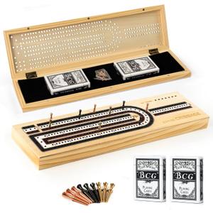 Cribbage Board Game Set, 3-Track Premium Wooden Cribbage Board with Magnetic Lock & Large Storage, 9 Metal Pegs, 2 Decks of Playing Cards - Classic Board Games for Adults Family (Instruction Include)