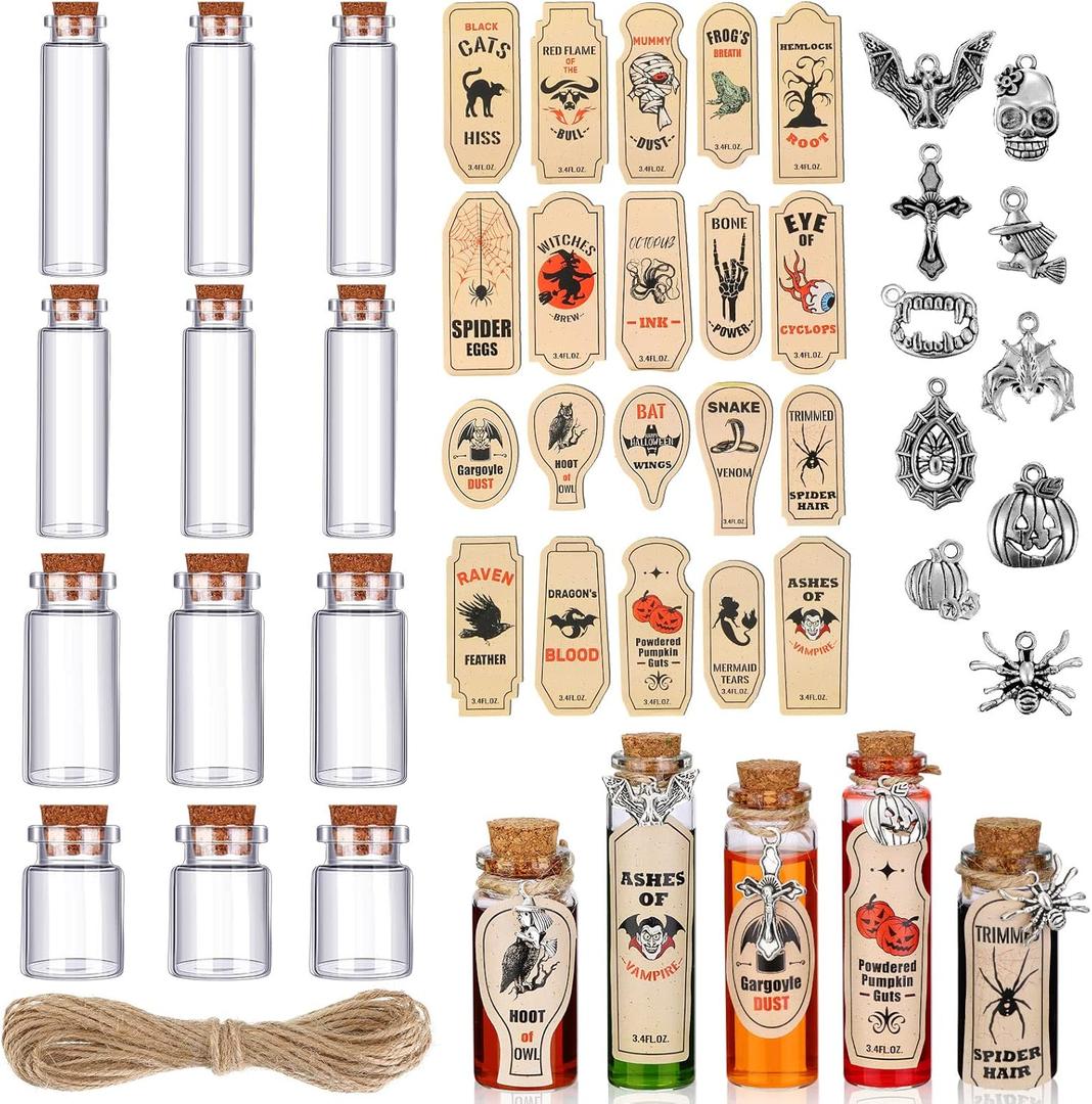 53 Pcs Halloween Mini Potion Bottles Set Including 12 Decorative Glass Bottles with Cork Stoppers 20 Creepy Apothecary Bottle Labels Stickers 20 Charms Pendants 1 String (5/10/15/20 ML, Classic)