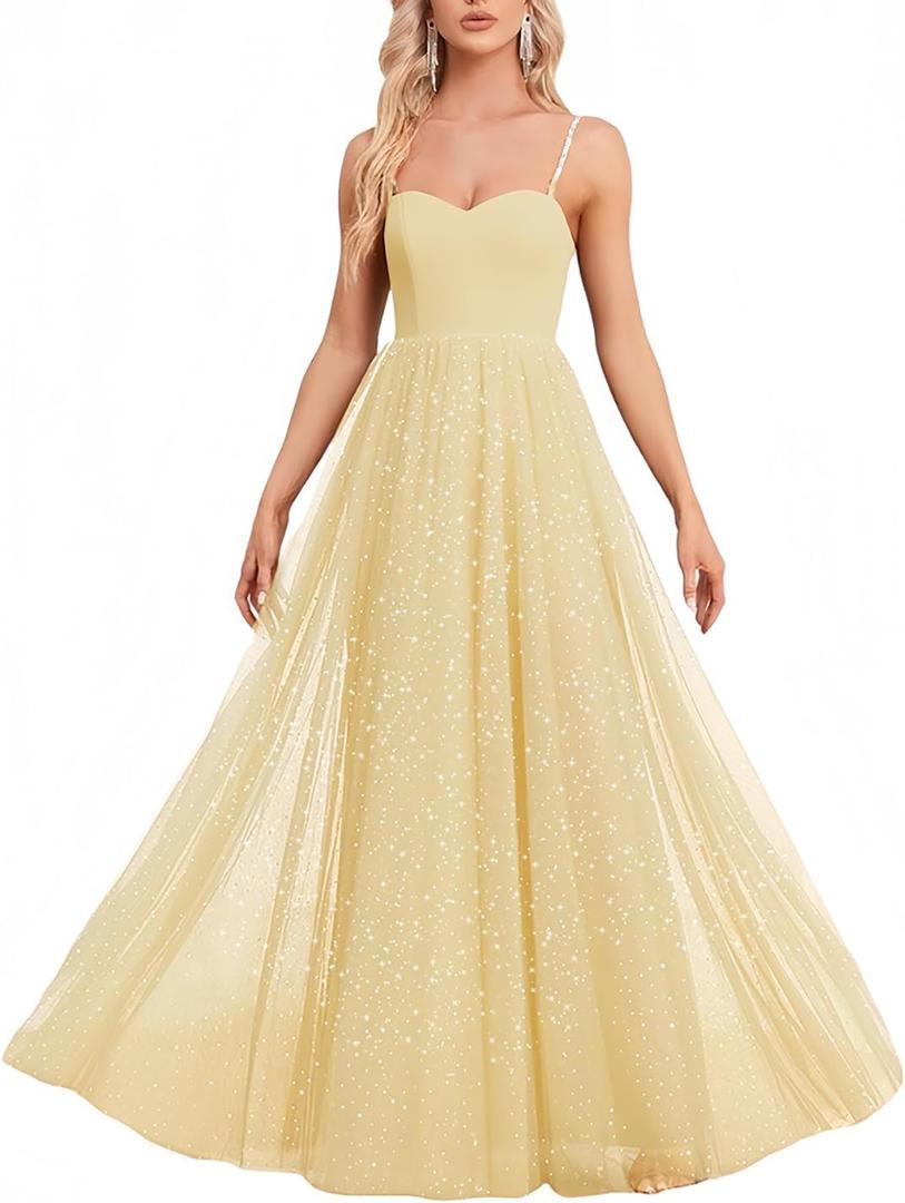 Women's Sparkly Prom Gowns Glitter Sequin Tulle A Line Long Formal Evening Gown Dresses High Waist Maxi Party Dress (XL)