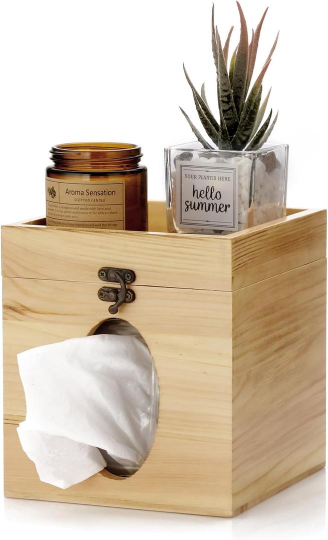 Sumnacon Square Wood Tissue Box Cover, Rustic Cube Tissue Box Holder with Top Storage Tray - Perfect for Bathroom, Toilet, Living Room, Bedroom, Table, Desk, Home Office Decor