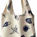 Beach Inspired Canvas Tote Bag For Women, Nautical Seashell And Starfish Print, Casual Shoulder Bag Aesthetic, Cute Small Book Tote, Portable Washable For Women Grocery Shopping Gift For Birthday Day