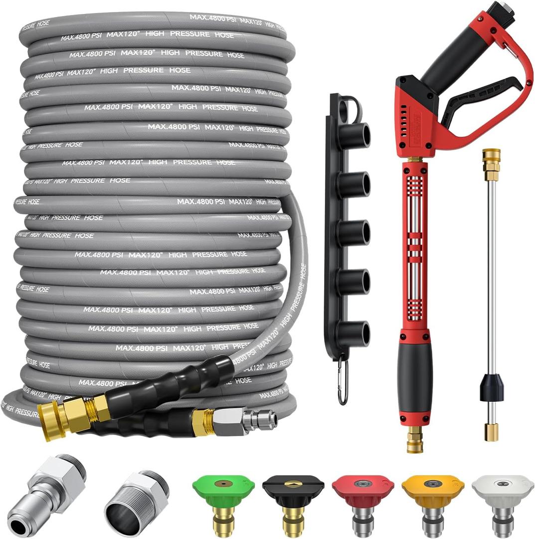 5000PSI Pressure Washer Gun and Hose Kit, 100FT Kink Resistant Steel Braided Power Washer Hose with 3/8" Swivel Quick Connector and M22 14mm Adapters Replacement/30" Extension Washer Wand (Gray)