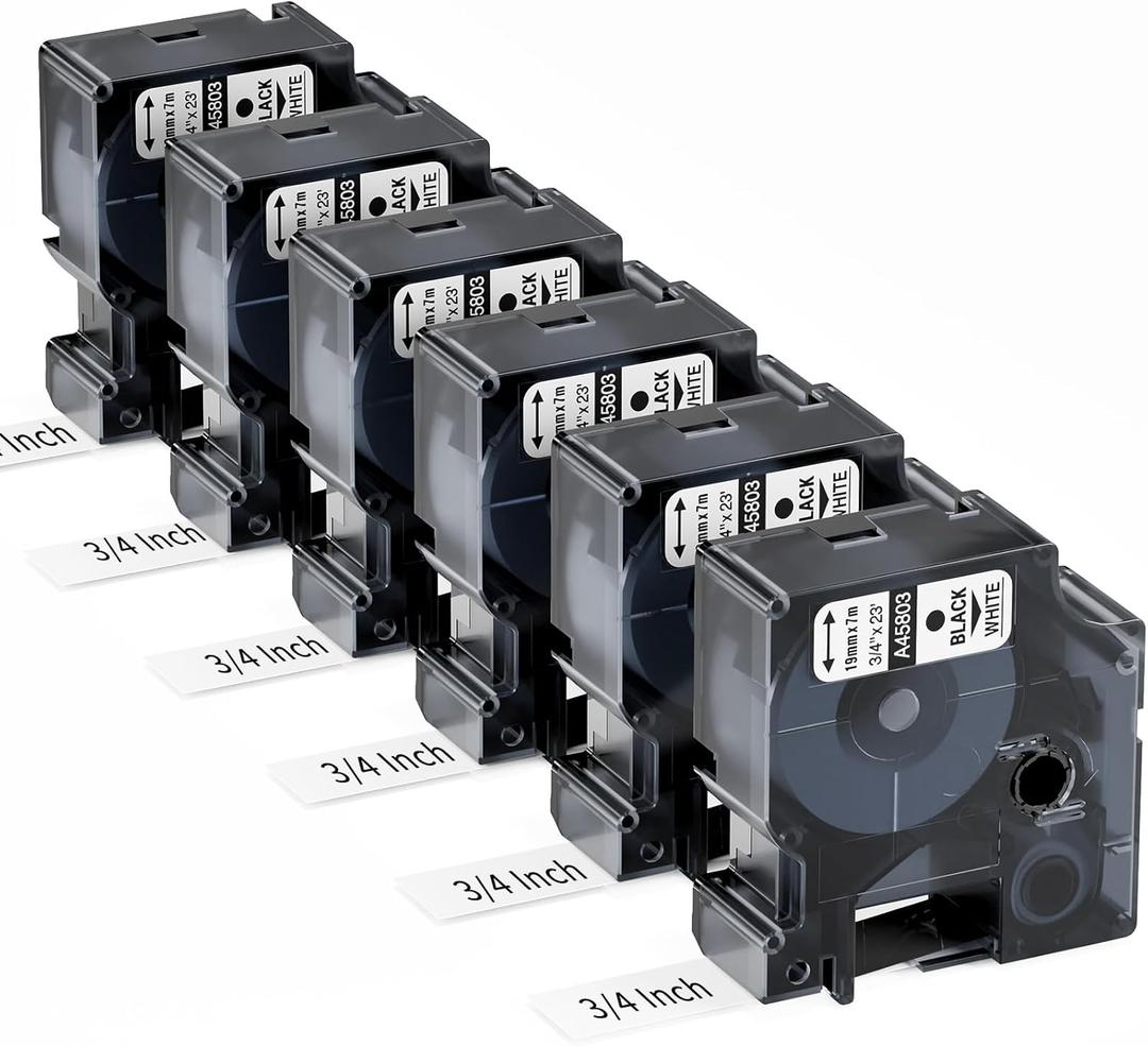 6-Pack Compatible Dymo D1 Label Tape 19mm 45803 45803s S0720830 Label Maker Refills, Black on White, 3/4 Inch x 23 Ft(7m), for Dymo LabelManager 360D 420P 450D 500TS 450 Duo Label Maker