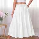 Kingfancy Women's Boho Midi Skirt A-Line Ruffle Elastic High Waist Tiered Flowy Skirts (White, M)