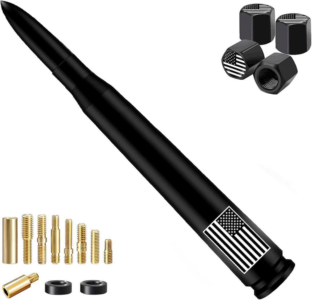 Car Bullet Antenna with Valve Stem Caps for GM Chevy Silverado 1500 2500 3500 HD Avalanche Ford F Series F150 F250 GMC Sierra 1500 2500 3500 Denali Heavy Truck Accessories (Black)- 7inch- America Flag (7 inch)