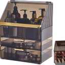 Large 3-Tier Makeup Organizer with Drawers and Lipstick Holder, Dustproof Waterproof Skincare Storage Box for Bathroom Countertop, Vanity Cosmetic Organizer,Clear Black