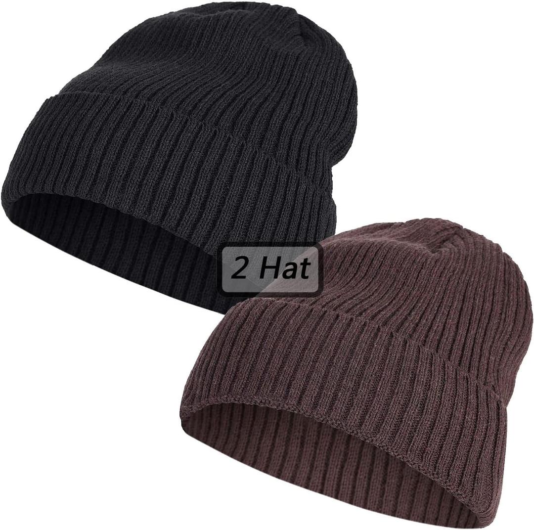 2 Pack Fleece Lined Slouchy Stocking Winter Warm Beanie Men Women Soft Knit Thermal Cuffed Skull Cap Plain Hat (Medium-Large, 2p--coffee-black)