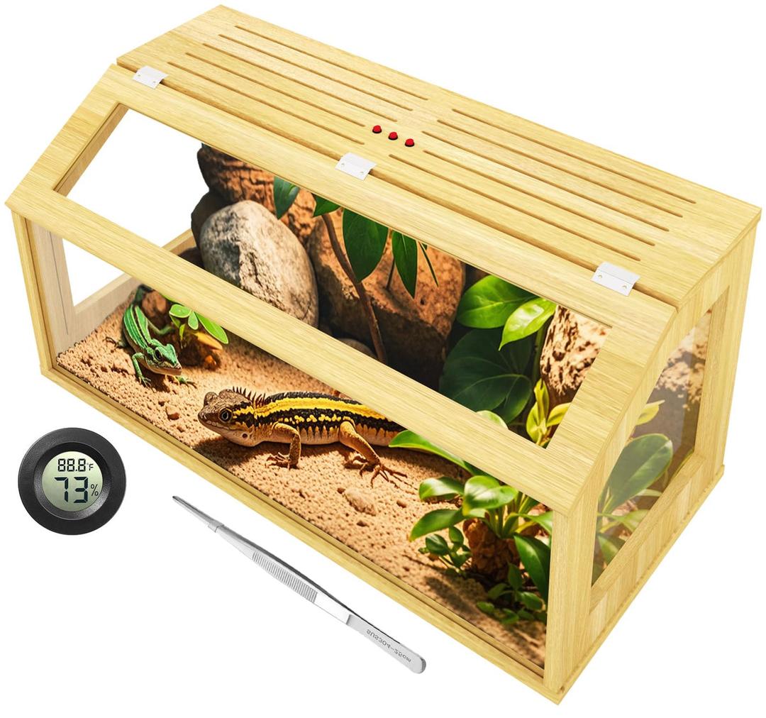 30 Gallon Reptile Tank, Wooden Bearded Dragon Terrarium Tank with Top Ventilation, Large Reptile Enclosure for Snake, Lizard, and Leopard Gecko, Includes Feeding Tongs, 32" L x 16" W x 16" H