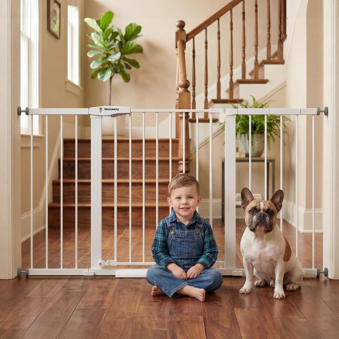 Mumeasy 29.7-57" Extra Wide Baby Gate, Auto Close Large Dog Gate for Doorways, No Drilling Pressure Mounted Pet Safety Gate for Stairs, Easy Walk Through Child Gate for Hallways, House, Indoor, White