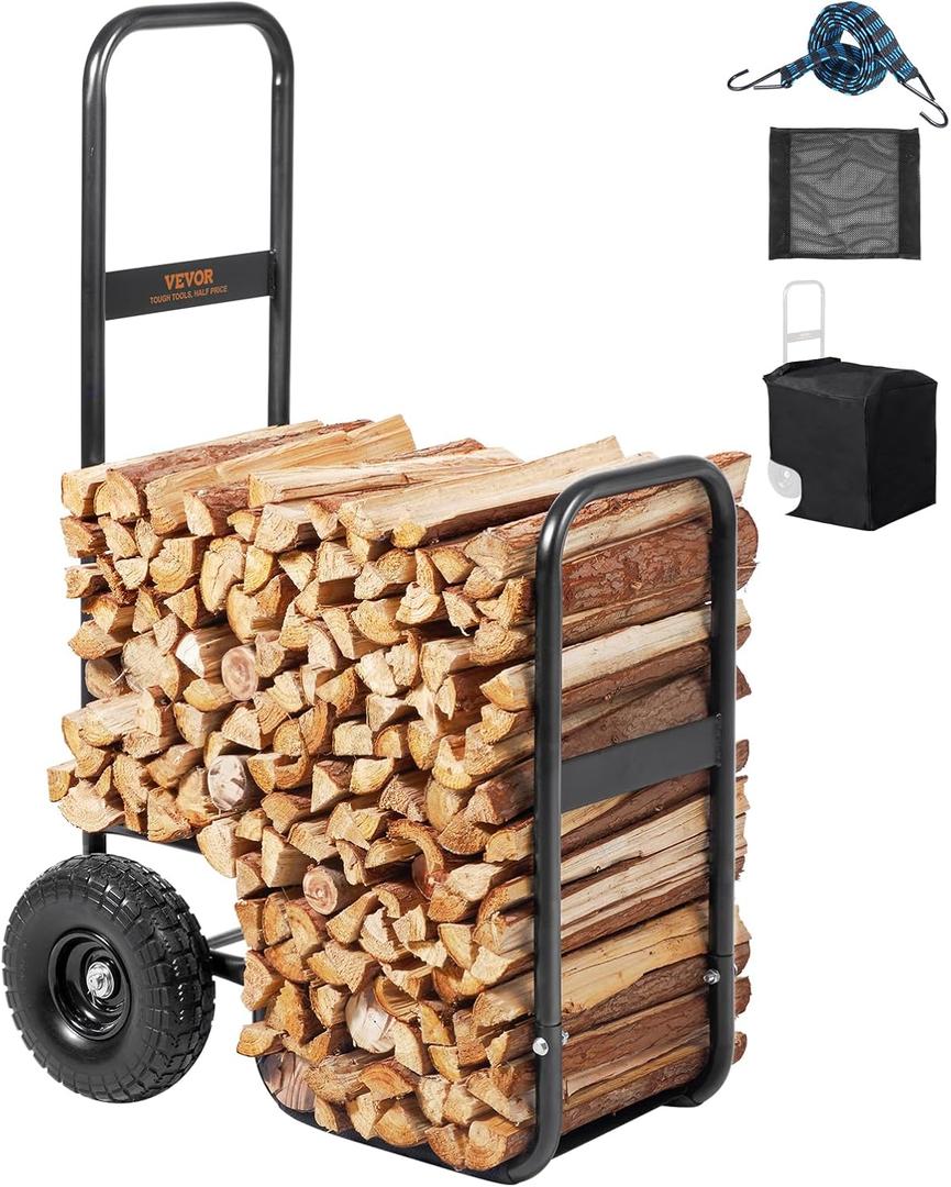 VEVOR Firewood Cart, 250 lbs Capacity, Black Heavy Duty Steel Dolly Hauler with PU Wheels & Waterproof Cover, Outdoor and Indoor Wood Rack Storage Mover, Firewood Carrier for Fireplace, Fire Pit