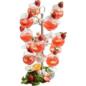 Cocktail Tree Stand, Metal Drink Tower, 3 Tier, 12 Holders For Champagne  (Silver)