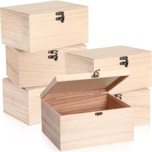 Yookeer 6 Pcs Large Unfinished Wooden Box with Hinged Lid and Front Clasp, Rectangle Unpainted Crafts DIY Wood Boxes Treasure Chest Stash Box for Art Gifts Jewelry Home Storage, 10.6x8.1x5.7 Inch
