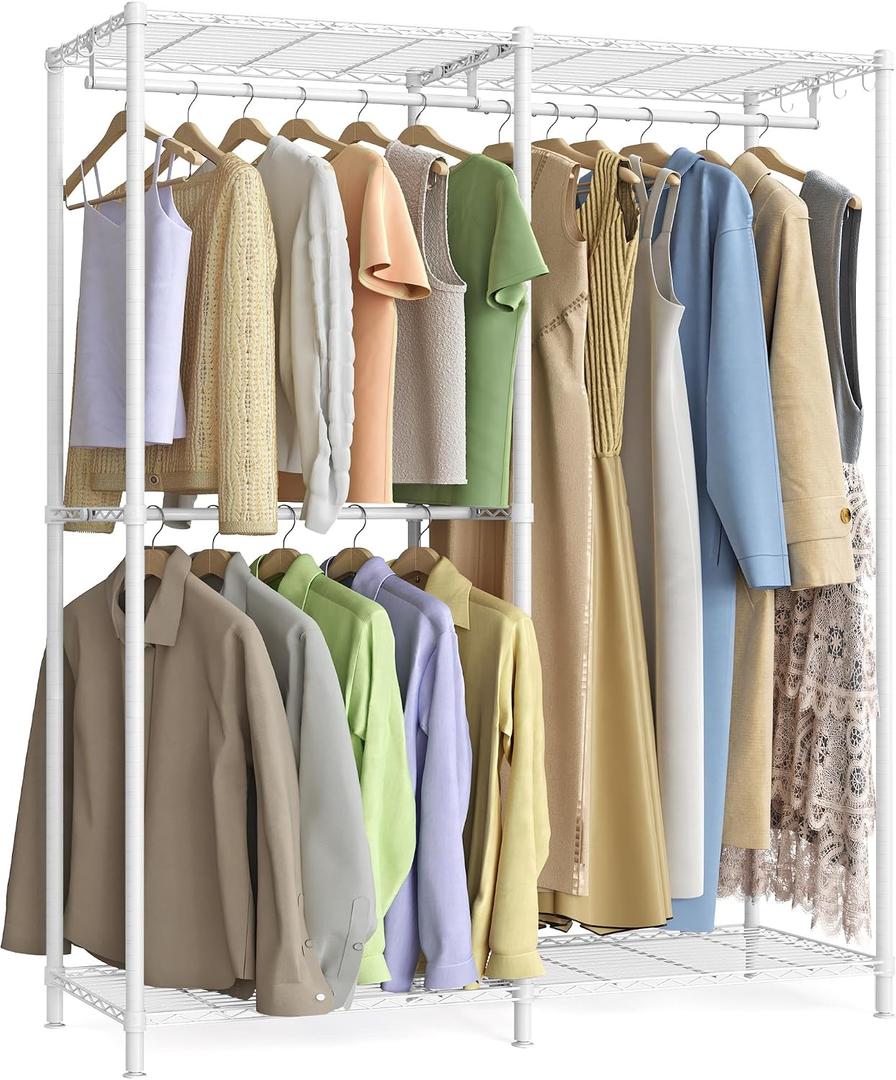 SONGMICS Clothes Rack, Freestanding Wardrobe Closet, Metal Clothing Racks, Heavy-Duty Garment Rack with Adjustable Shelves, Hanging Rods, Dividable, 15.8 x 47.2 x 70.9 Inches, Cloud White ULGR423W01