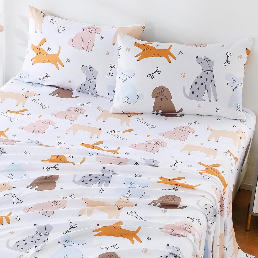 Twin Sheet Set Kids,3 Pieces Breathable Soft Microfiber Bedsheets for Child Boys Girls, Anti Pilling Deep Pockets Easy Care Bed Sheets, Puppy