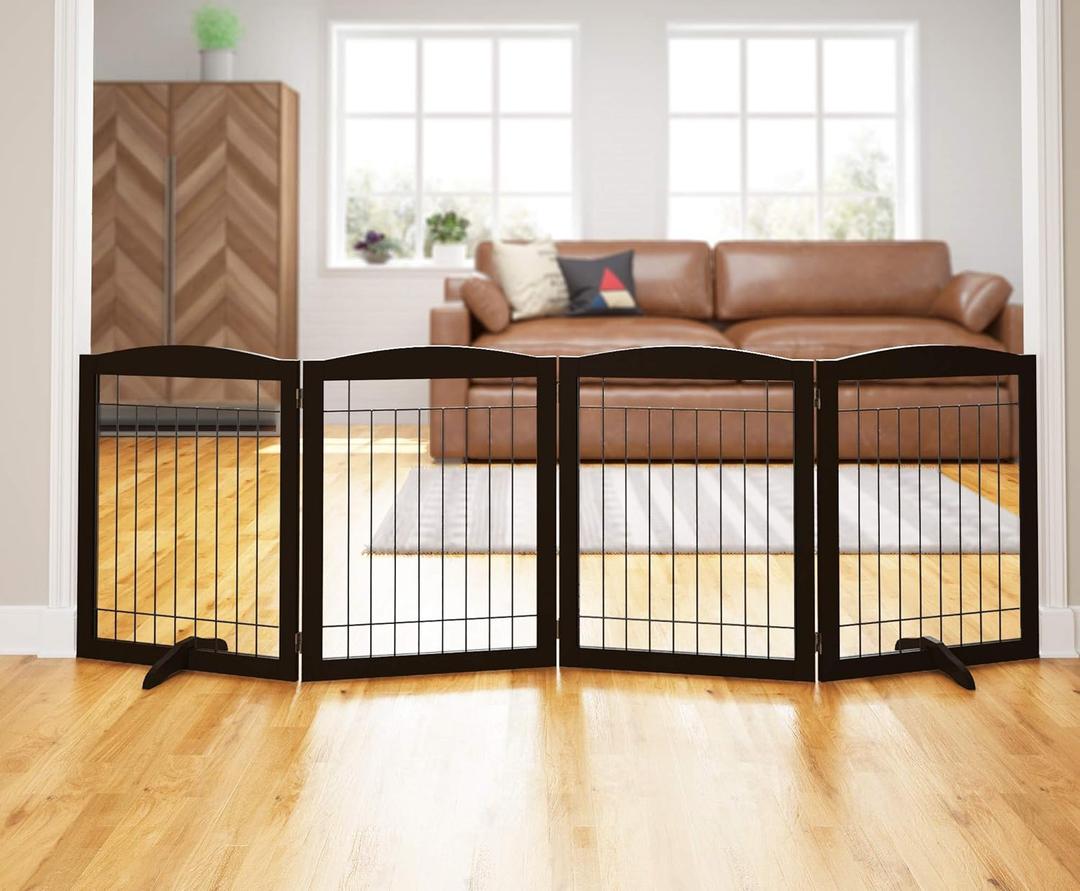 PAWLAND 96-inch Extra Wide Dog gate for The House, Doorway, Stairs, Freestanding Foldable Wire Pet Gate, Set of Support Feet Included (Espresso, 30" Height-4 Panels) (4 Panels96"W x 32"H)