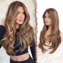 FESHFEN Brown Blonde Wigs for Women, Long Layered Wigs with Curtain Bangs Natural Looking Synthetic Hair Wig for Daily Use Party, 26 inch Blonde Mixed Brown
