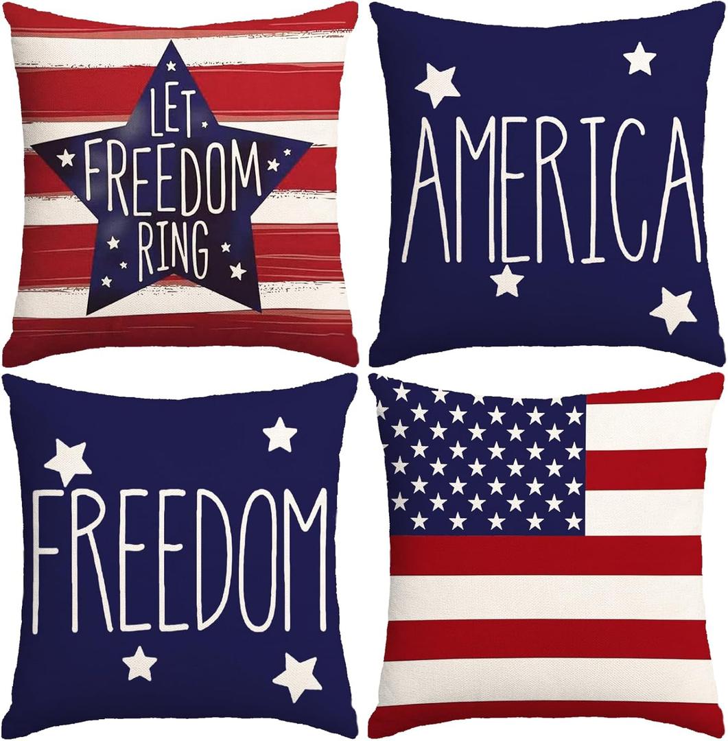 4th of July Pillow Covers 18x18 Inch,Set of 4 Patriotic Red White Blue Summer Outdoor Throw Pillow Covers,Independence Memorial Day USA Flag Linen Fourth of July Cushion Case for Sofa Couch Decor