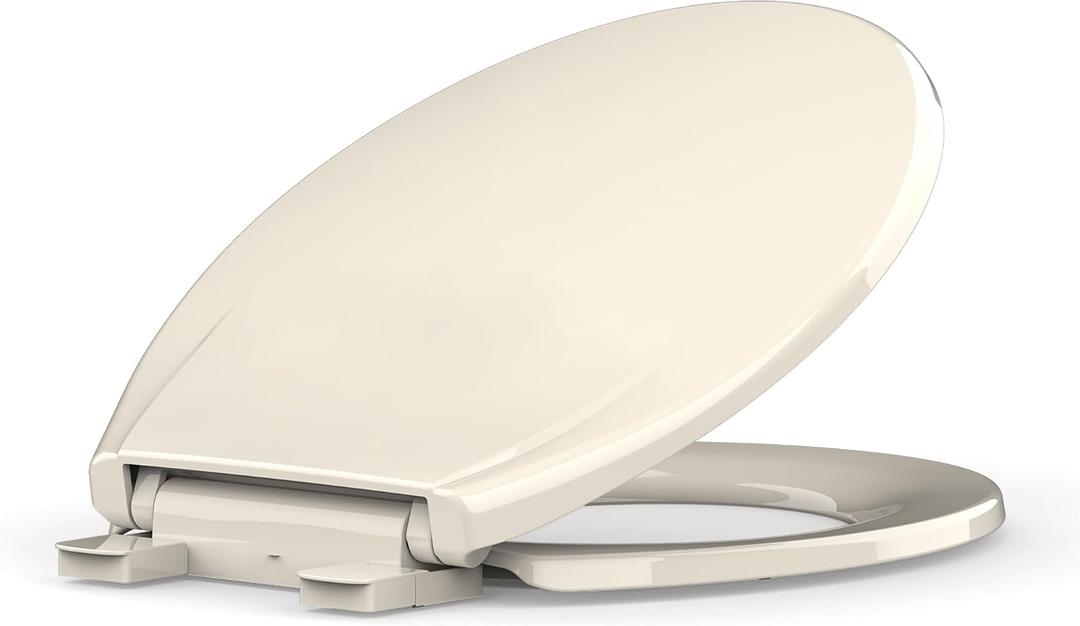 Round Toilet Seat, 17 Inch Almond Quiet Close PP Plastic Toilet Cover, Easy Clean Stain Resistant Bathroom Seat with Secure Hinges for Standard Round Toilets