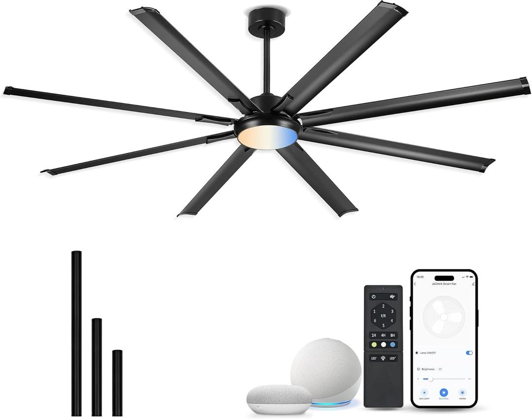 84 Inch Industrial Ceiling Fan with Light, Large Ceiling Fan with 8 Aluminum Blades, Works with Alexa, 6-Speed Reversible DC Motor, 3 CCT Settings, Ideal for Covered Outdoor Spaces, CF04BK-84