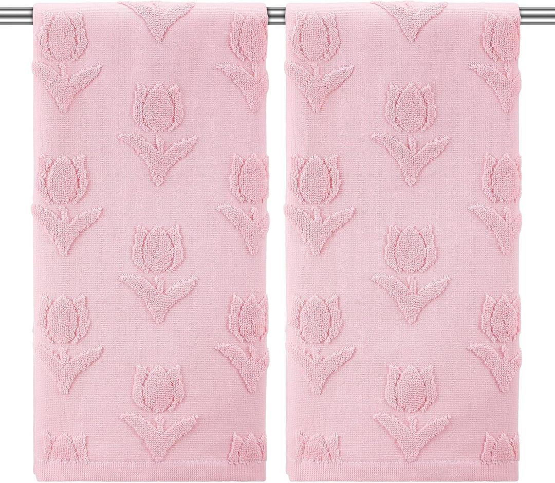 SmoothNovelty 2 Pcs Tulip Hand Towels for Bathroom Pink Tulip 100% Cotton Jacquard Weave Bath Towel Set Soft Absorbent Kitchen Towels for Bathroom Kitchen Summer Theme Gifts 13.8 x 29.5