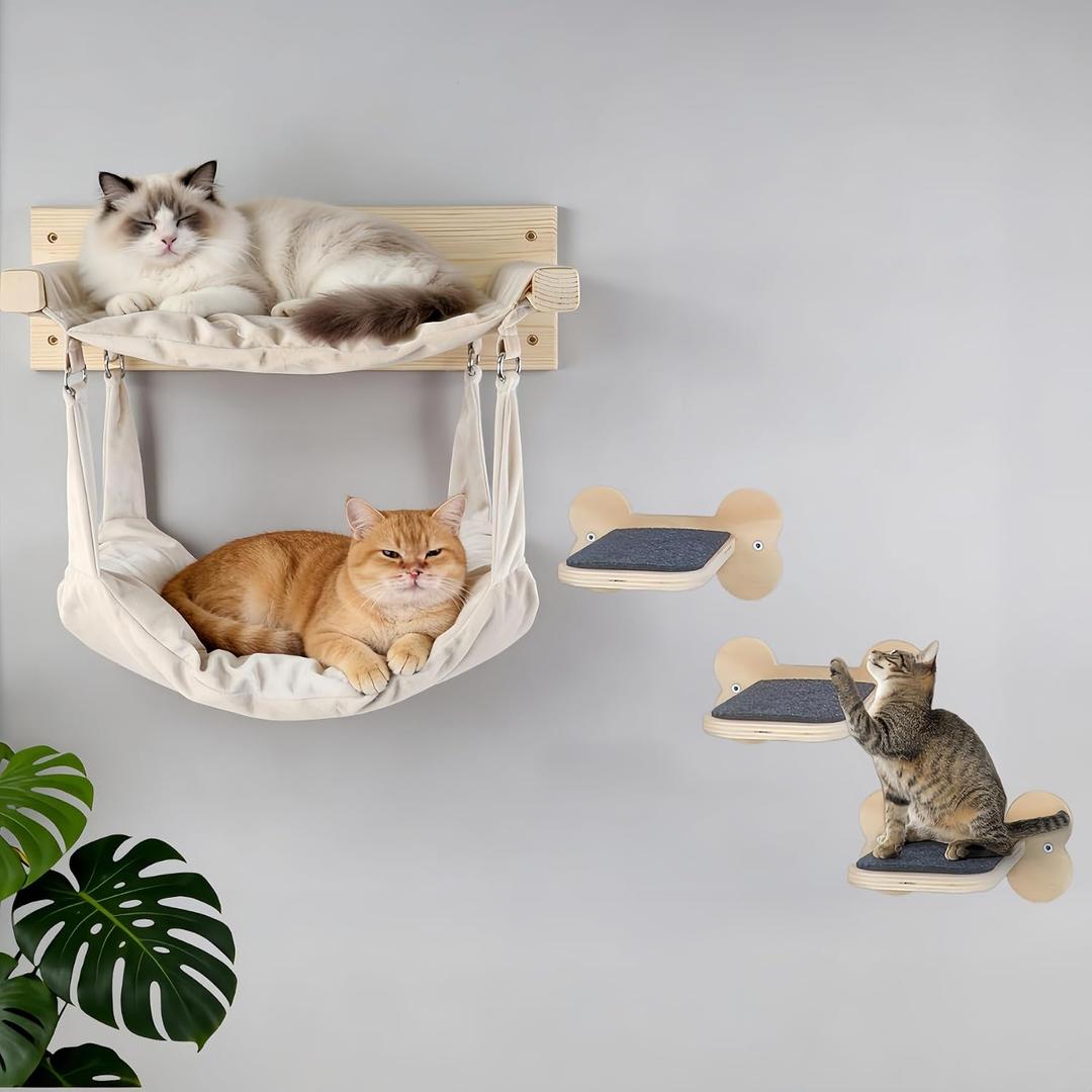 Beige Wall Mounted Cat Double Hammock & 3 Steps, Pine Climbing Shelf & Perch Set, Multi-Function Wall-Mounted Cat Furniture for Sleep Play Climb, Easy DIY Installation