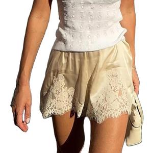 Women Satin Silk Lace Trim Shorts Silky Low Rise Boxer Shorts Y2k Teen Girls Cute Coquette Lounge Slip Bottoms (Medium, Beige)